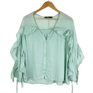 Zara Basic Women Mint Green Ruffle Sleeve Button Front Blouse Top Medium
